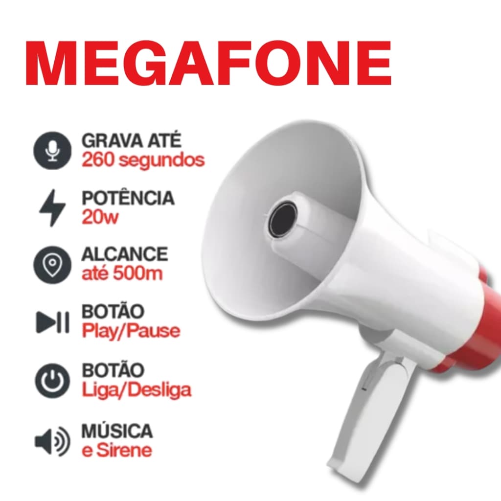 Megafone Profissional Recarregável Amplificador De Voz - Com Sirene - Gravador de Voz