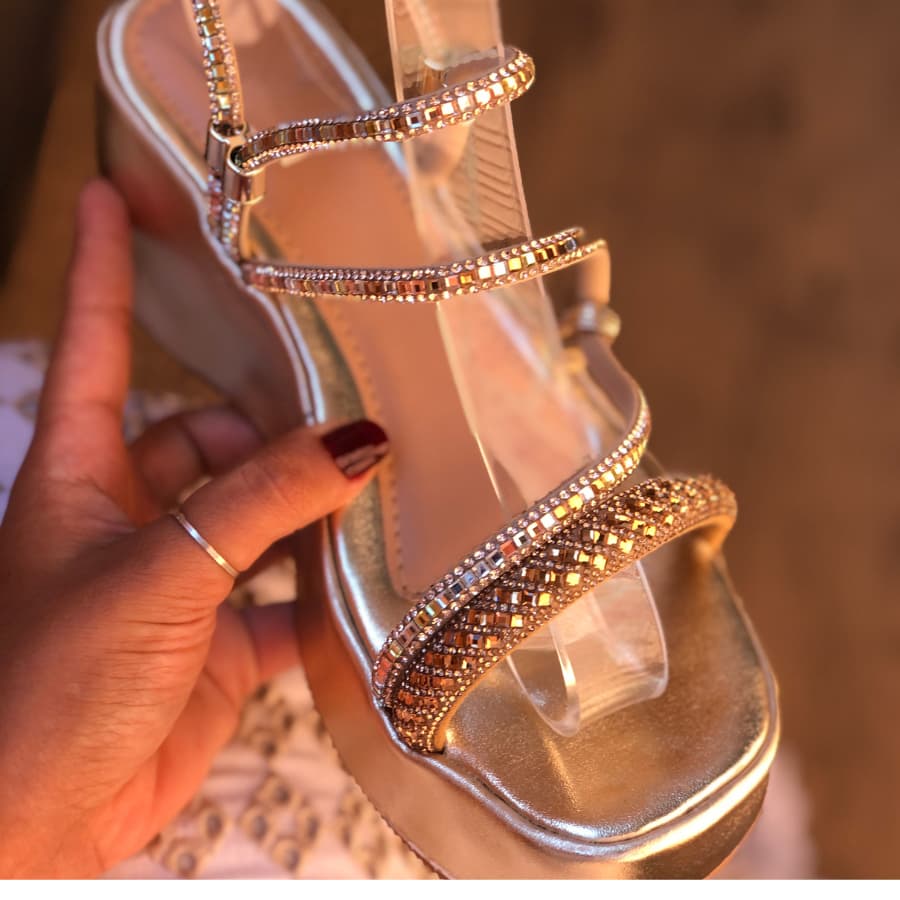 Sandália Feminina Anabela Papete Plataforma Salto Dourada Prata Festa Casamento Luxo Strass Promoçao
