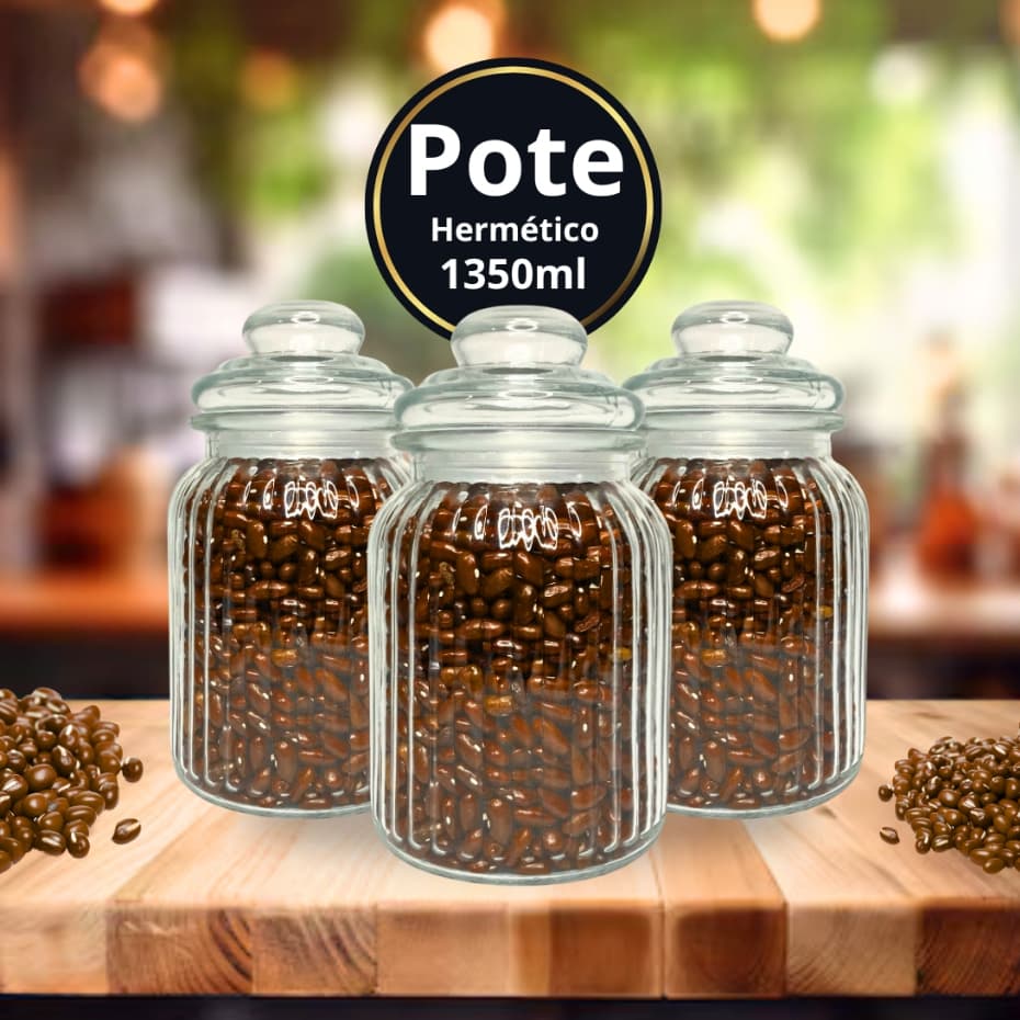 Pote De Vidro Premium Kit ou Avulso 1350ML Canelado Reto Com Tampa Hermética