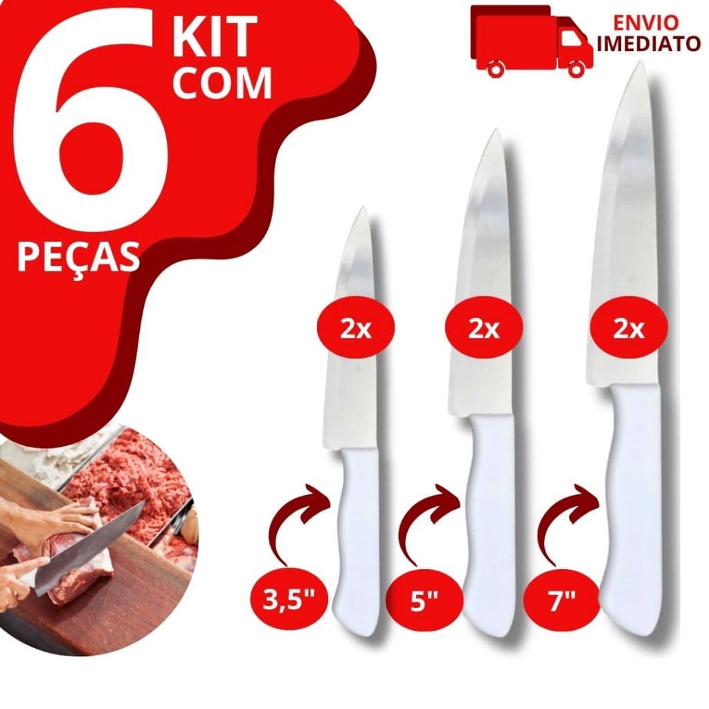 Kit 6 Faca De Cozinha Inox Peixeira Do Chef Com Cabo Branco 7 5 3,5 Polegadas Profissional