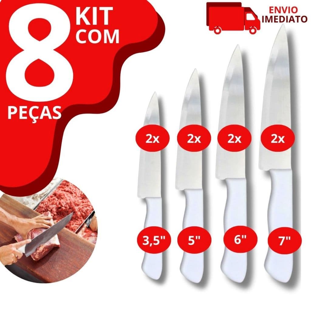 Kit 8 Faca De Cozinha Inox Peixeira Do Chef Com Cabo Branco 7' 6' 5' 3,5' Polegadas Profissional