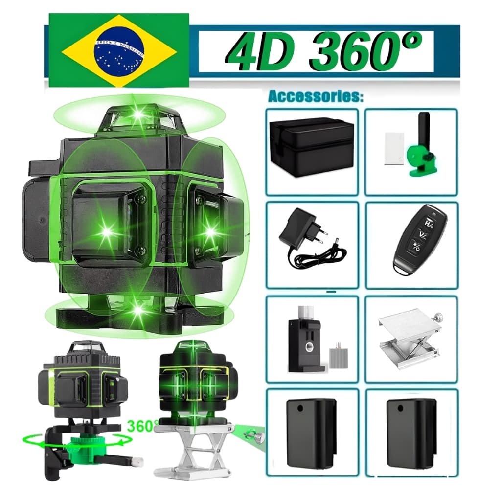 Nivel de Laser 16 Linhas Verde 40m Profissional Recarregável 4D Controle Remoto Autonivelante 2 Baterias