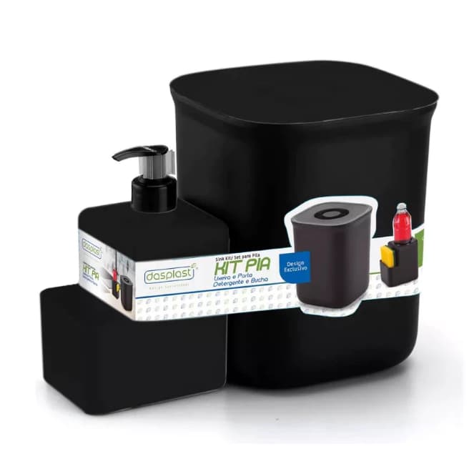 Kit Lixeira 4 L + Dispenser De Detergente e Bucha Preto, Prático, Clean, Marca Dasplast