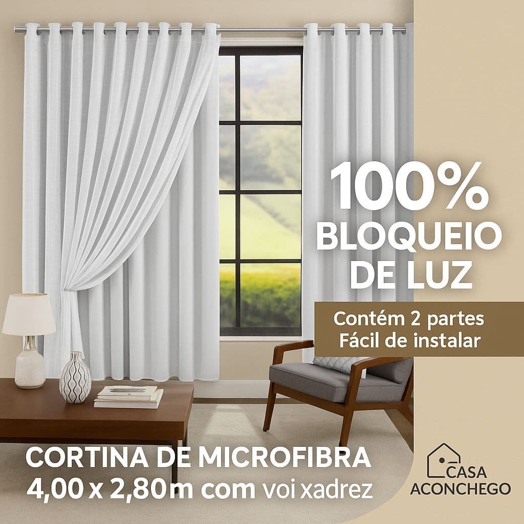 Cortina de Microfibra 4,00x2,60m com Voil Xadrez Ou Liso Quarto ou Sala Promoção Imperdível