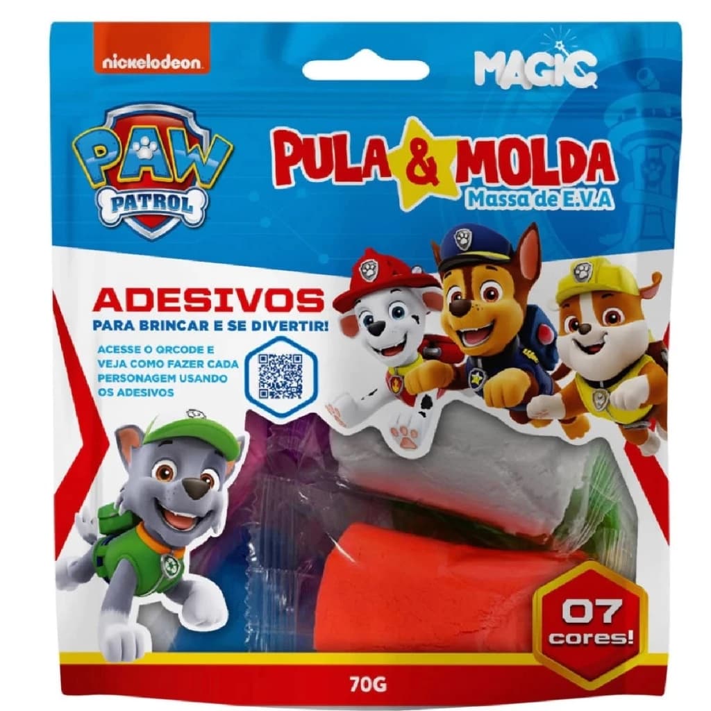 Massa Pula e Molda Patrulha Canina 70g – 7 Cores Sortidas + Cartela de Adesivos, Brinquedo Infantil Criativo