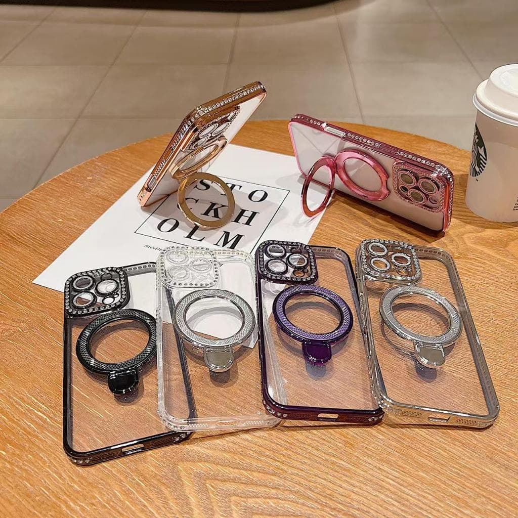 Capa Magnética De Luxo Transparente Com Diamantes Brilhantes Para iPhone Com Suporte