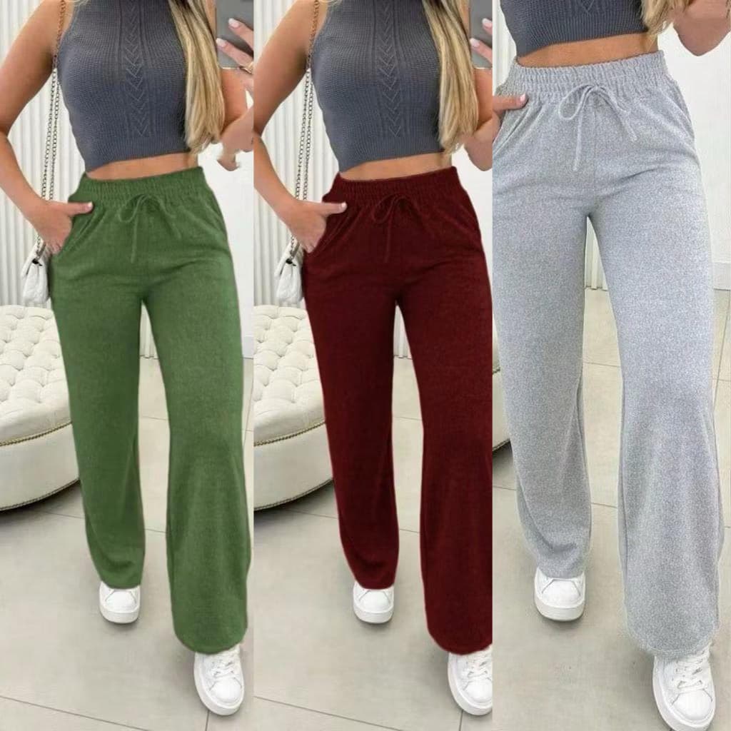 Calça Pantalona Lanzinha Feminina Com Bolso Cintura Alta com Elástico na Cintura KIT 2 e KIT 3