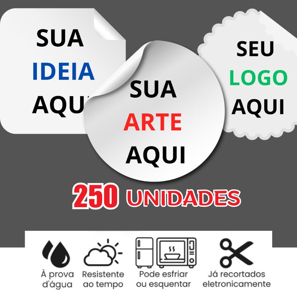 250 Adesivos Personalizados em Vinil, etiqueta, rótulos 8x8, 9x9 e 10x10cm