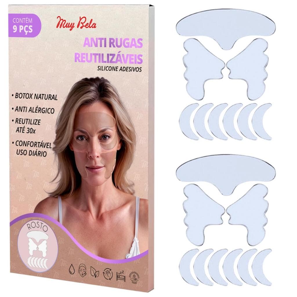 (Kit com 2) Adesivo Anti Rugas Silicone Rosto 9 Peças Patch Reutilizável 30x Skin Care Botox Natural Colágeno para Rugas