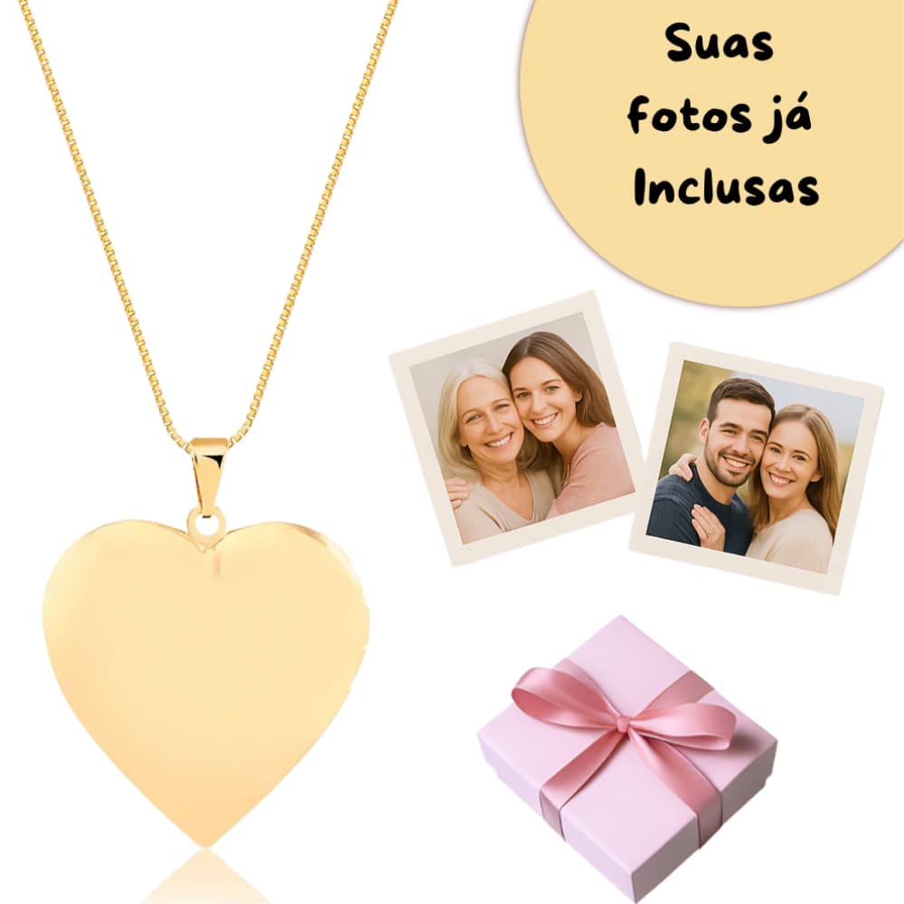 Colar Relicário Coração Liso Banhado a Ouro 18k Semi joia de Luxo Com Caixa de presente e fotos inclusas