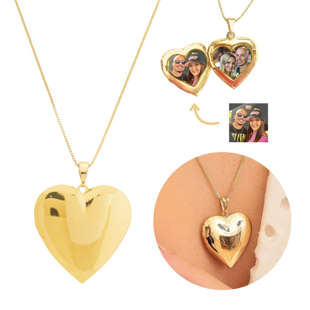 Colar Relicário Coração Liso Banhado A Ouro Com Duas Fotos 18k Semijoia De Luxo