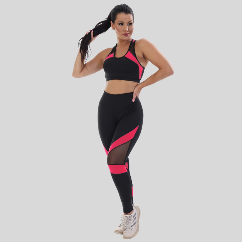 Conjunto Fitness Legging + Top Academia Com Detalhes Tule