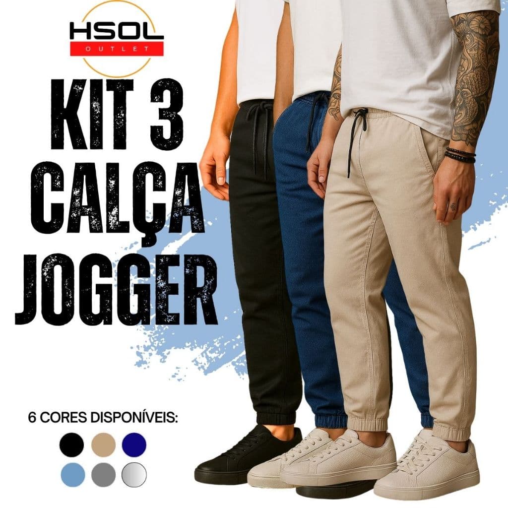 Kit Calças Jogger Masculina Sarja Streetwear com Punho Ajustável e Bolsos