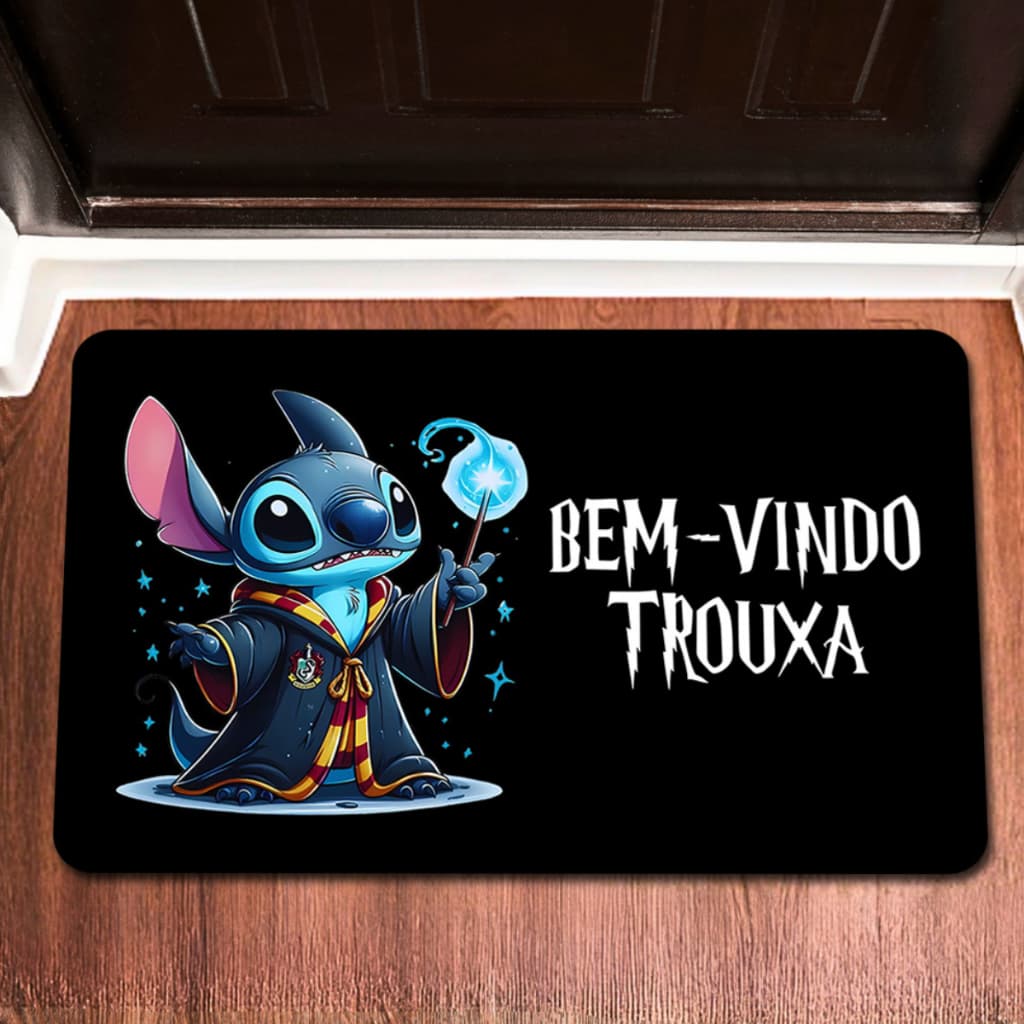 Tapete Entrada Stitch Harry Potter 55x35cm Antiderrapante Emborrachado Engraçado Bem-Vindo Trouxa