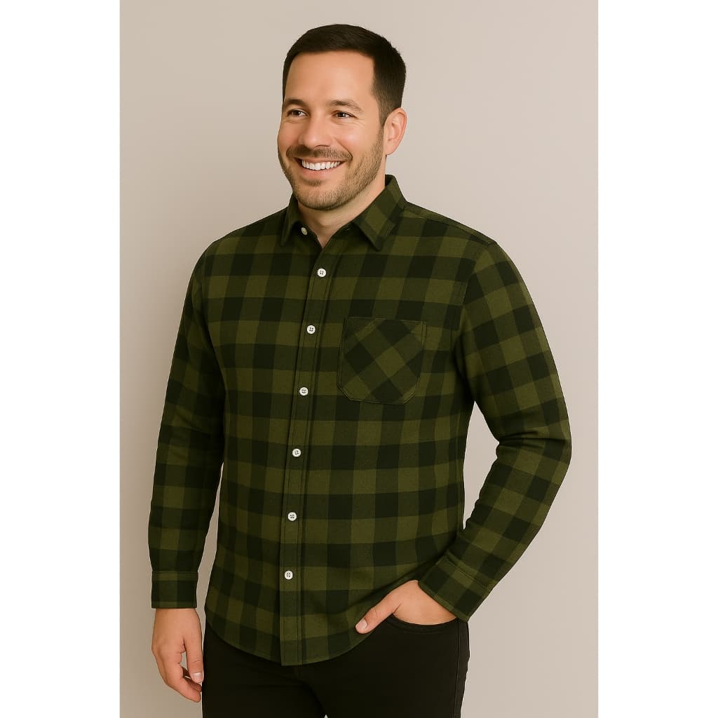 Camisa Masculina Flanela Social Manga Longa Xadrez Lenhador Bom Pano Verde Oliva