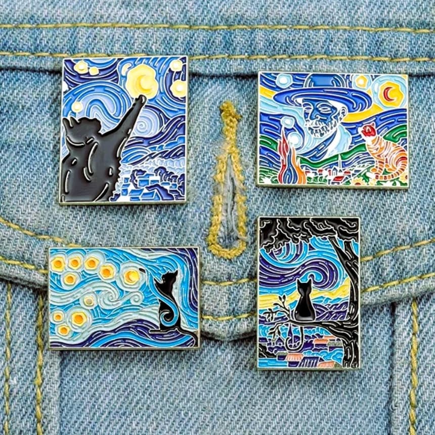 4 Broches Van Gogh Arte Gatinhos Impressionista Quadros Pin Vestidos Bolsas Camisas