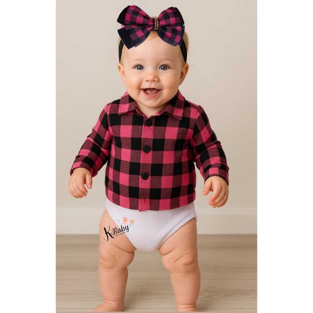 Body Xadrez Manga Longa Flanelado Menina + Laço São Jõao