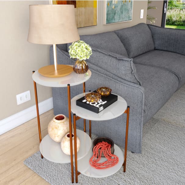 Conjunto Mesinha de Canto Apoio Lateral Lunis Pés de Ferro em Bronze - Cores