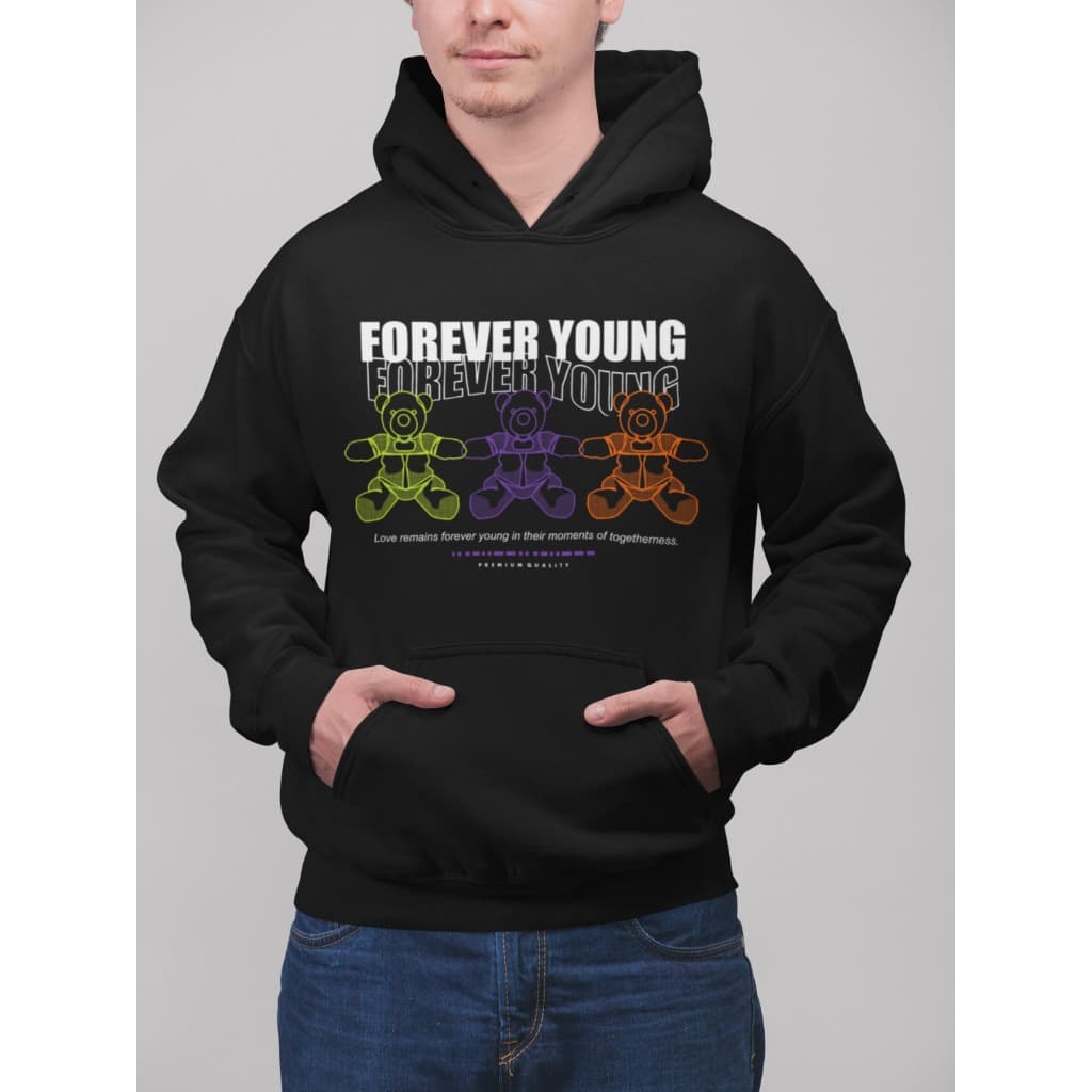 Moletom com capuz estampado gráfico ``Forever Young´´ e cordão, blusa de moletom casual Unisex no inverno e outono