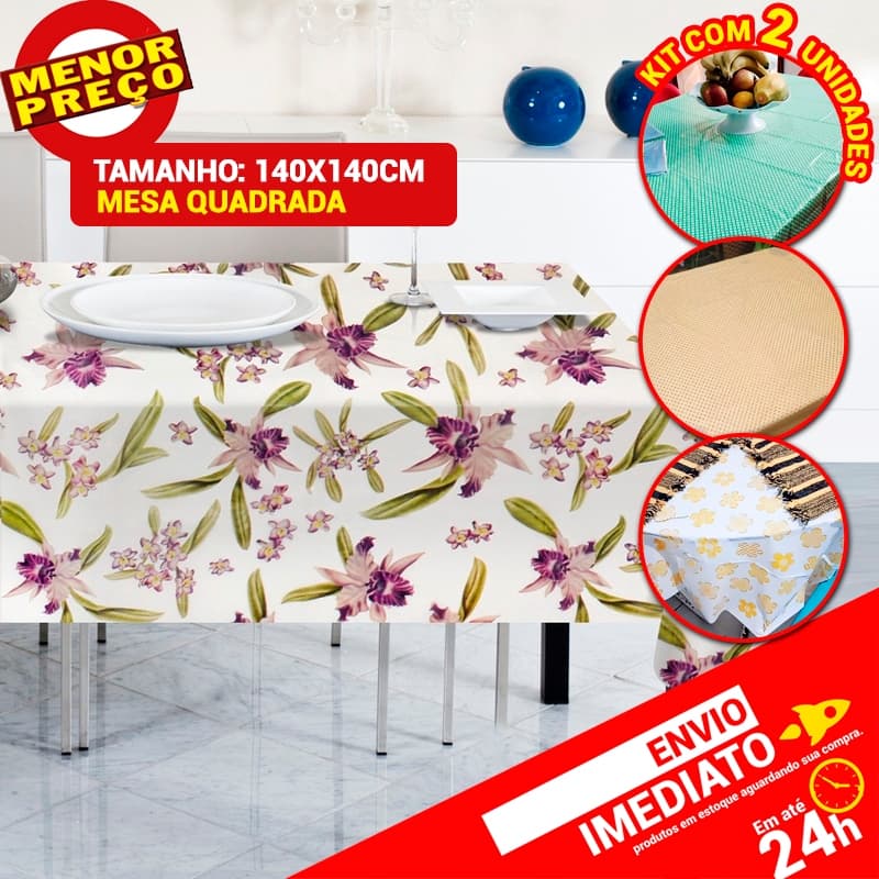 Kit Com 2 Toalhas de Mesa Quadrada 4 Lugares Estampas Sortidas Impermeável Cozinha 140 x 140cm