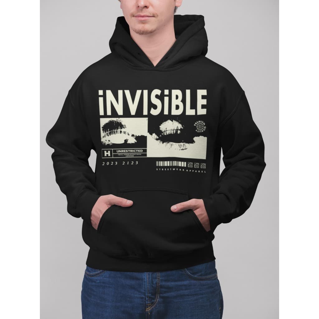 Moletom com capuz estampado gráfico ``Invisible´´ e cordão, blusa de moletom casual Unisex no inverno e outono