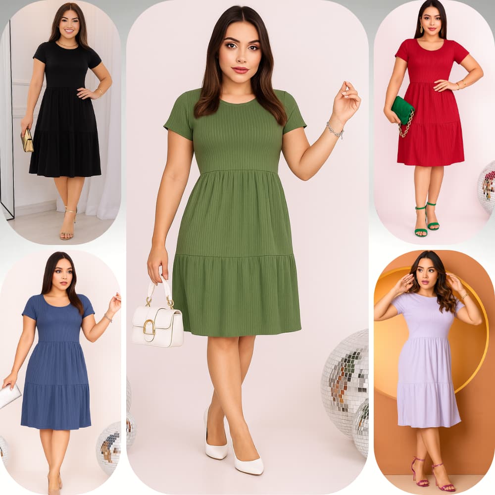 Vestido Feminino Rodado 2 Maria Básico Manga Curta Malha Canelada Tendencia Moda Evangélica PlusSize