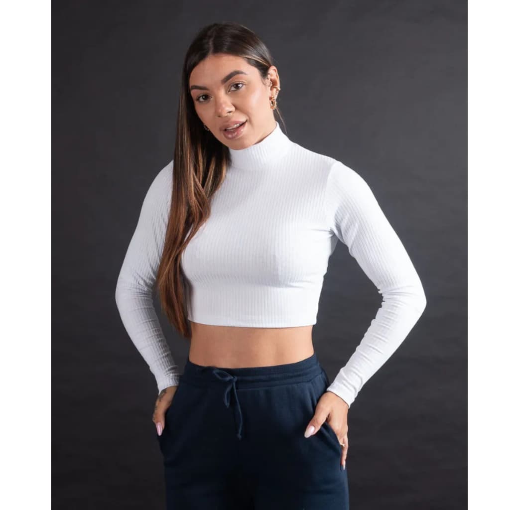 Cropped blusinha manga longa gola alta modinha tecido canelado