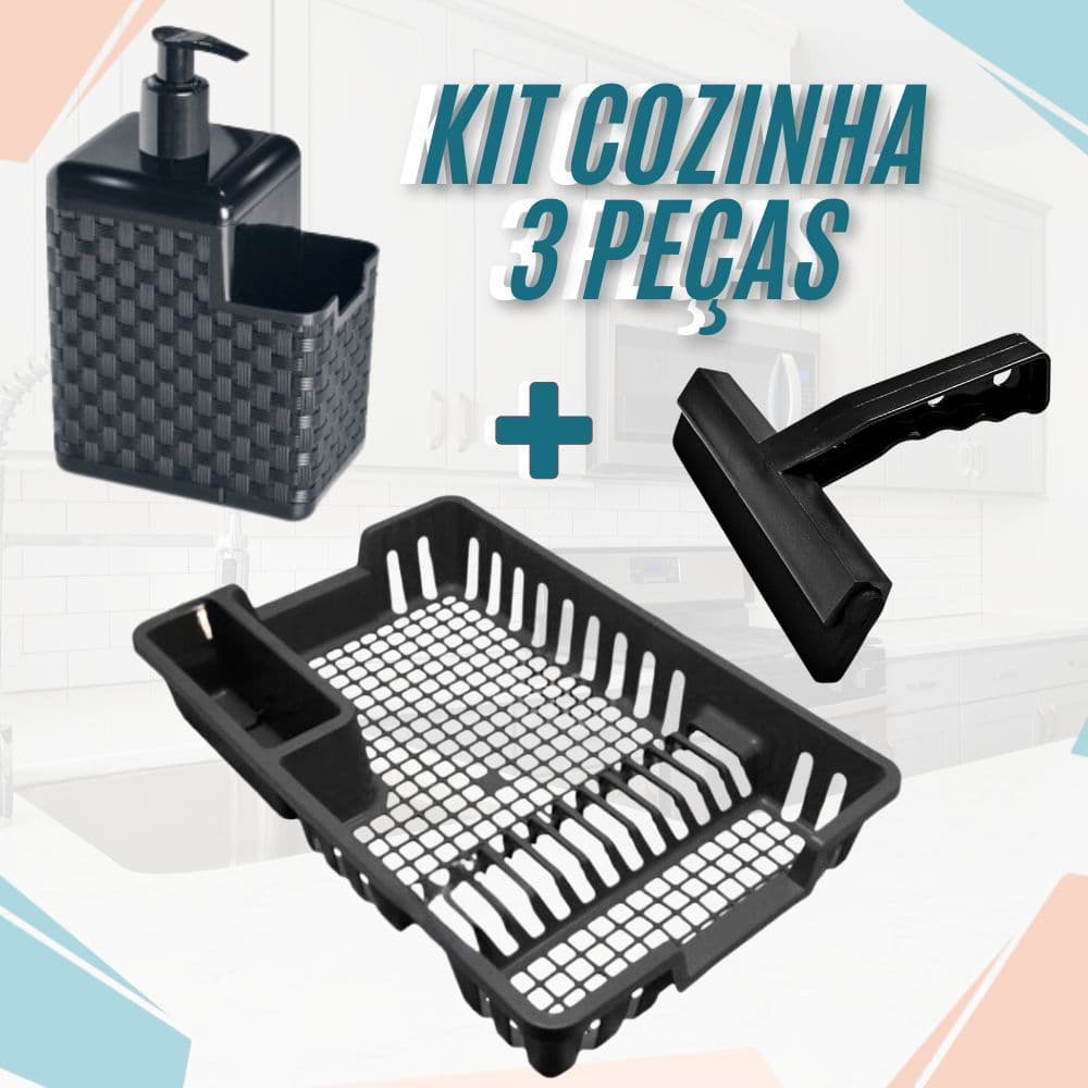 Kit 3 Peças Escorredor de Louças para 12 Pratos Porta Detergente Rodinho Cozinha