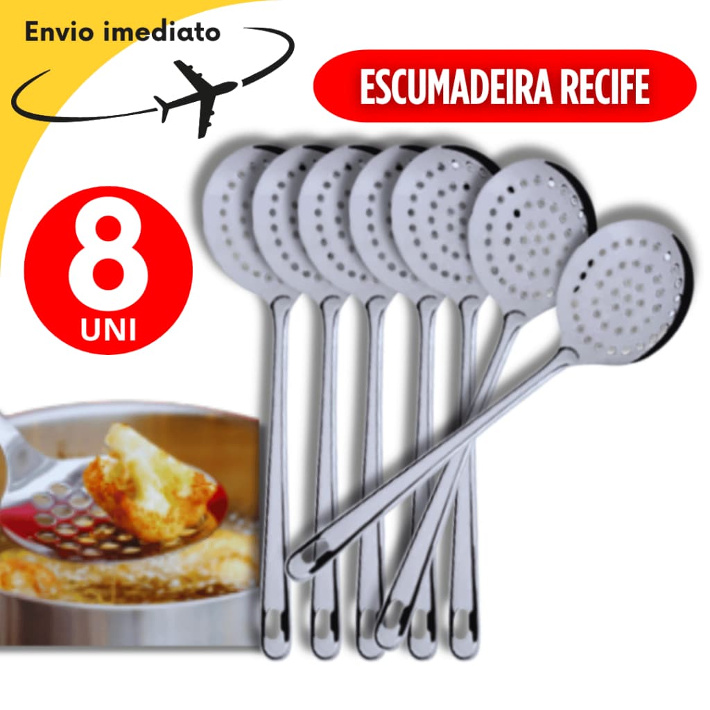 Conjunto Kit 8 Escumadeiras de Inox para Frituras e Arroz Linha Recife Alta Qualidade Premium Escumadeira