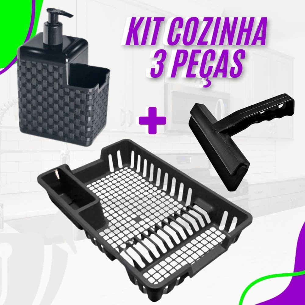 Kit 3 Peças Escorredor de Louças para 12 Pratos Porta Detergente Rodinho Cozinha