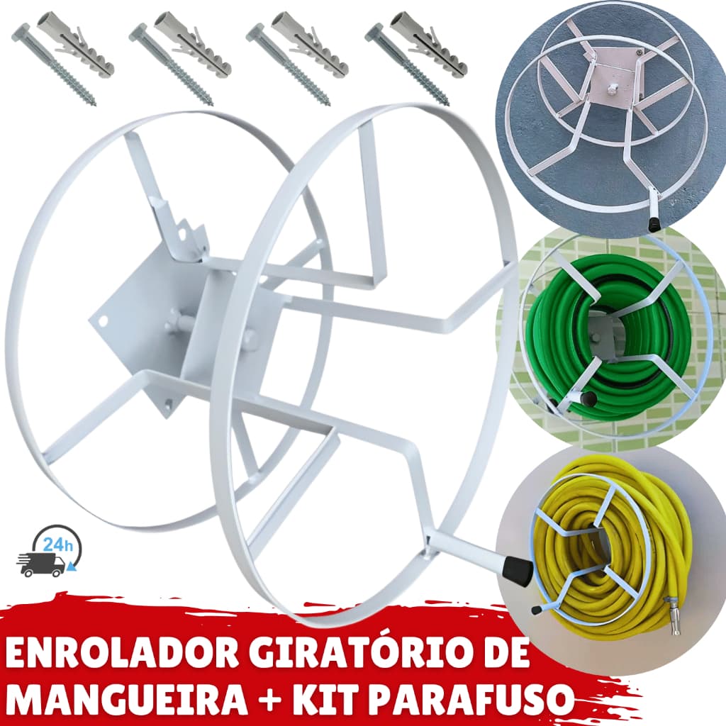 Enrolador De Mangueira De Metal Reforçado Suporte Para Enrolar Mangueira Jardim Até 30m Prático