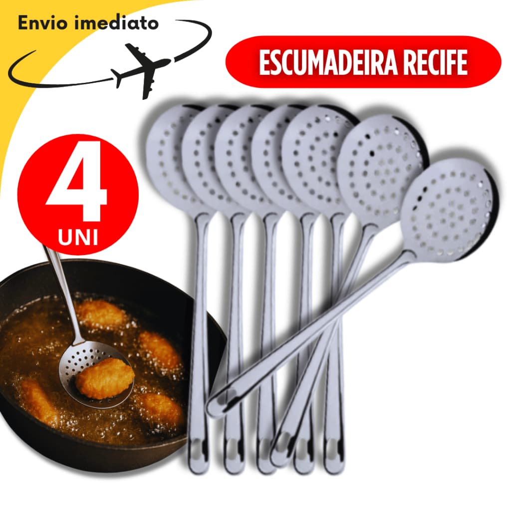 4 Escumadeiras Resistente de Inox para Frituras e Arroz Linha Recife Alta Qualidade Premium Escumadeira