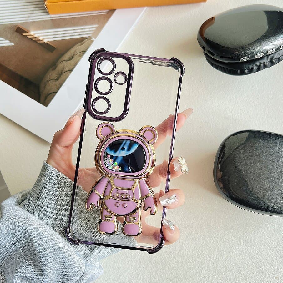 Capinha Samsung Transparente Borda Colorida Suporte Astronauta Brilho A06/A16/A26/A36/A56/S21FE/M55