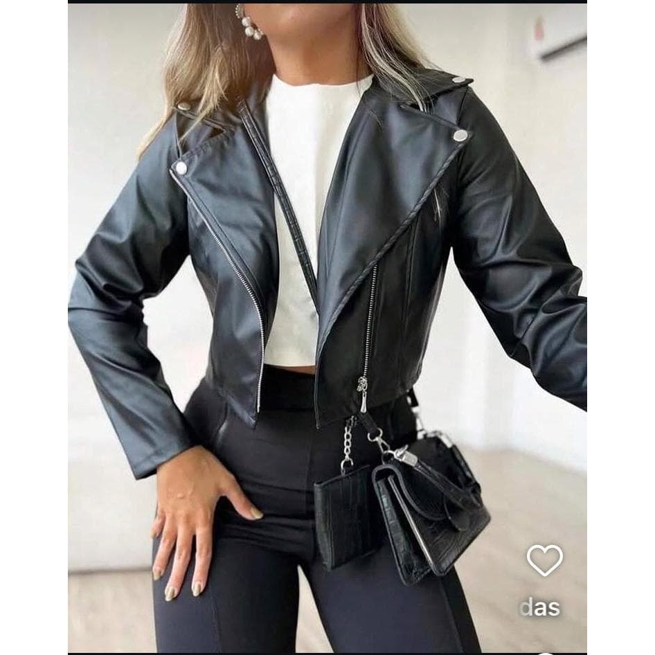 Jaqueta Feminina Cropped Couro Ecológico Zíper Estilo Biker Inverno