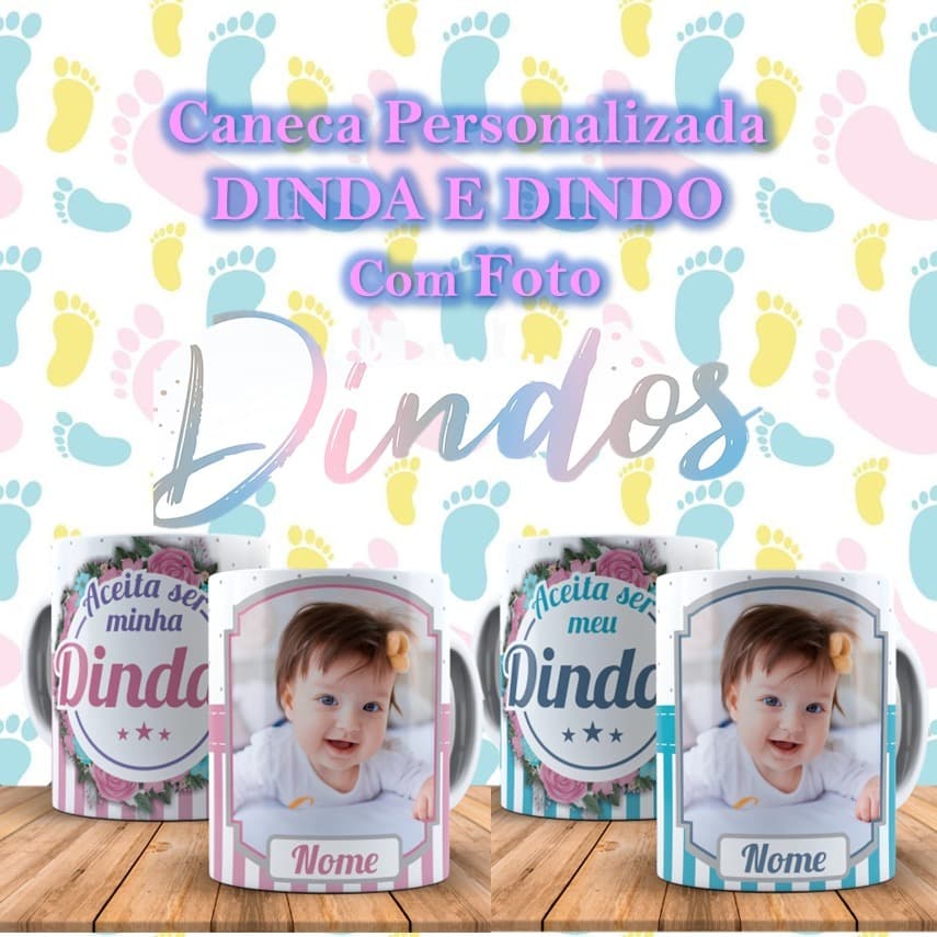 Kit 2 Canecas Personalizada  Dinda e Dindo Com Foto Nome Convite Madrinha e Padrinho De Batismo