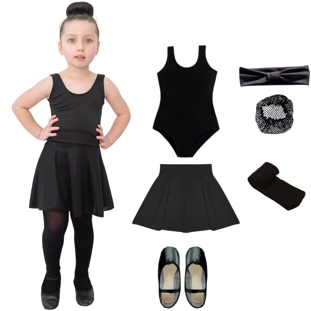 Kit Preto Ballet Infantil 6 Itens Collant Regata e Saia Pliê