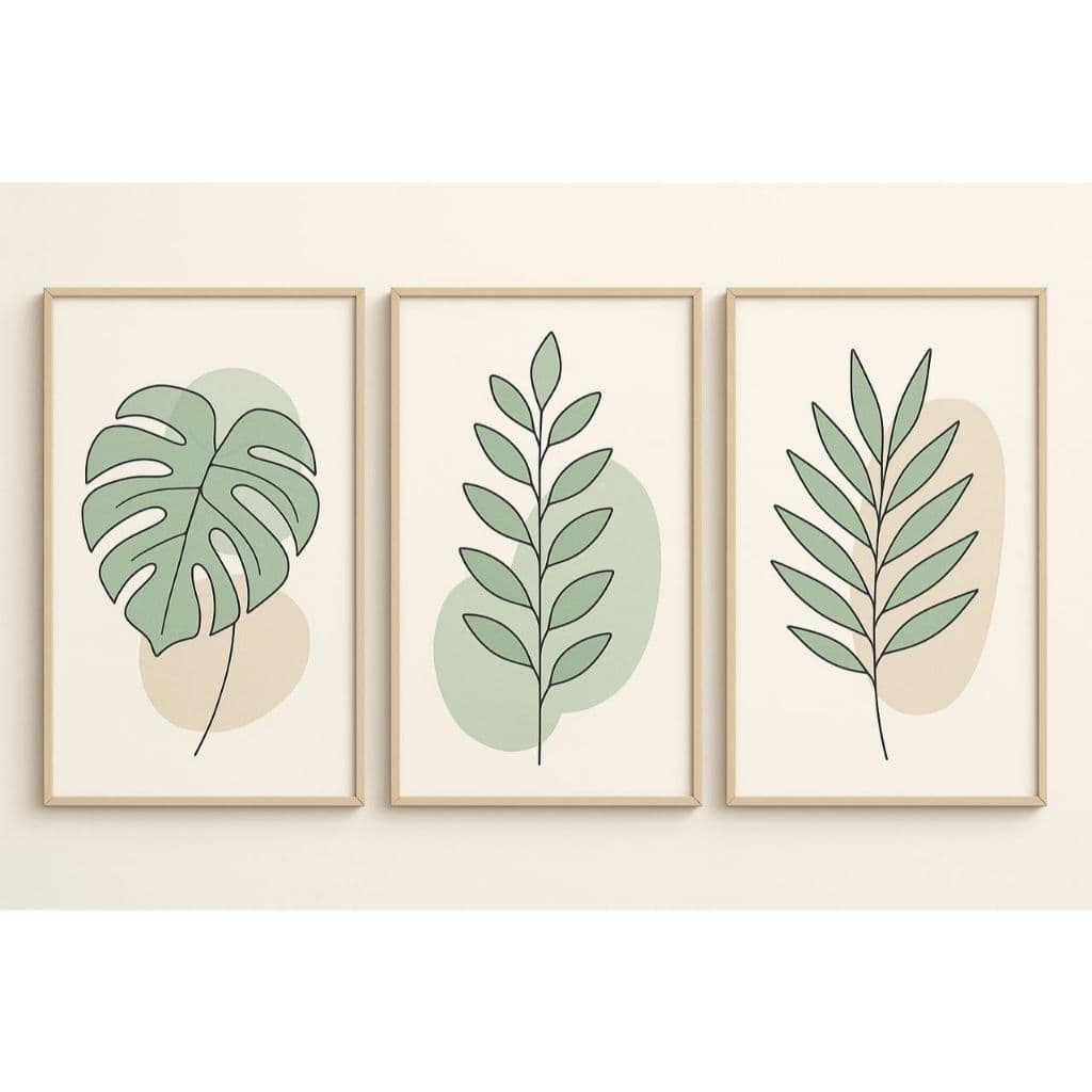 Kit Quadros Decorativos 3 Peças Folhas Folhagem Geométrico Tons Verdes Bege Palma Abstrato Floral