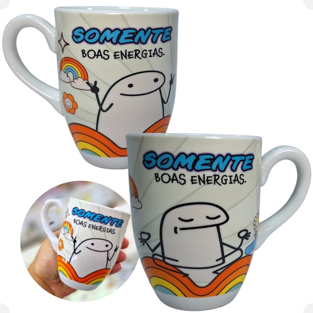 Caneca Meme Somente Boas Energias 300ml em Porcelana Branca da Linha Hauskraft Para Chá Café CANC224