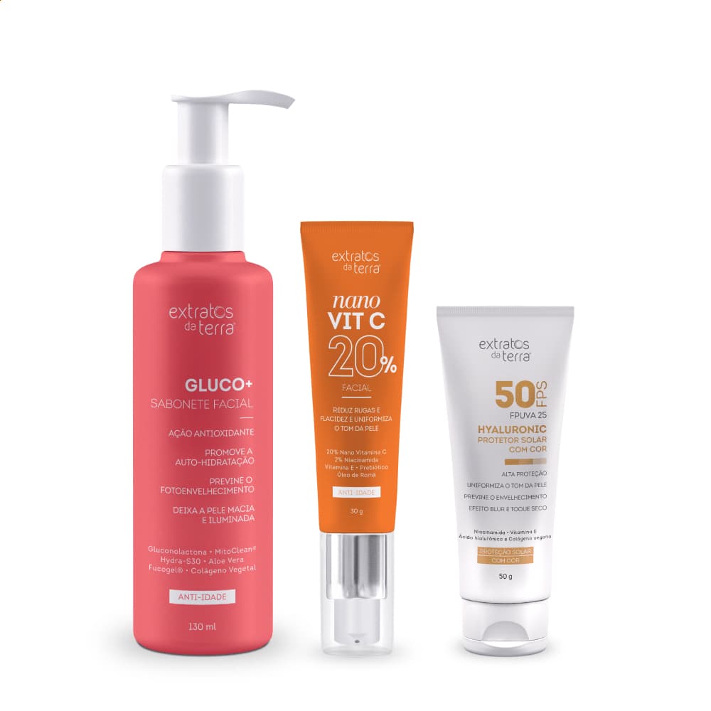 Kit Skincare com Vitamina C e Sabonete Gluco Anti-Idade Protetor Solar FPS50 Uso Diário Extratos da Terra
