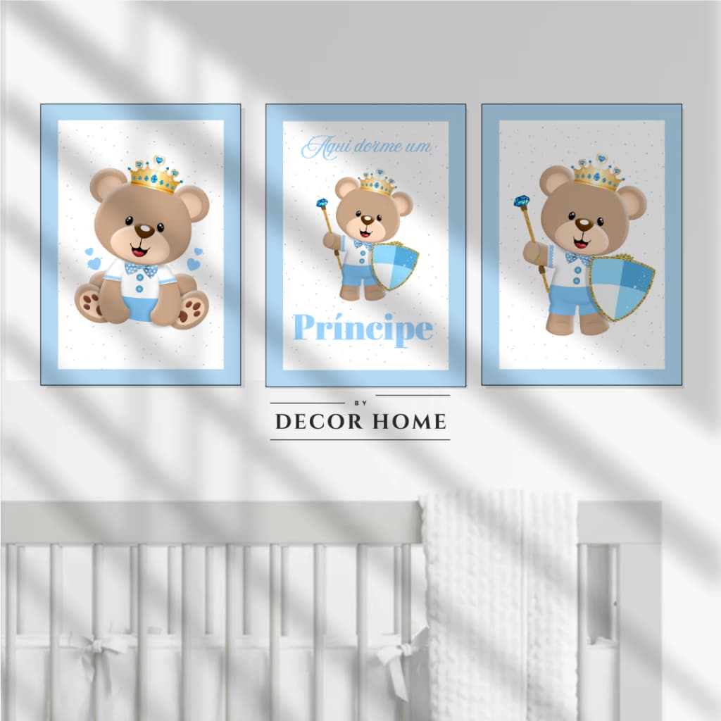 Kit 3 Quadros Ursinho Baby Príncipe Decoração Infantil de Casa Quarto Enxoval de Bebe Placa decorativa MDF