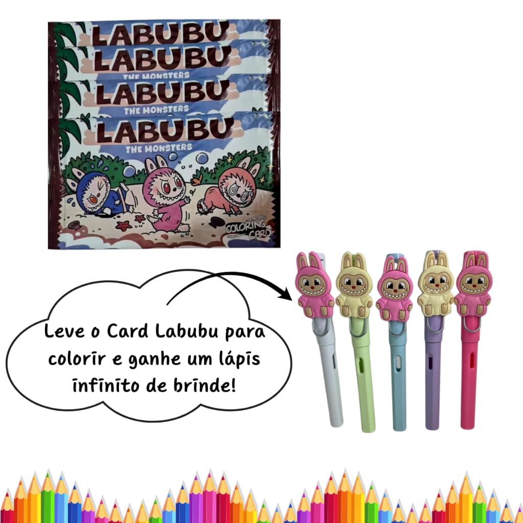 Cards Labubu para Colorir 4 Folhas + Brinde Lápis Infinito – Papelaria Fofa e Criativa Infantil
