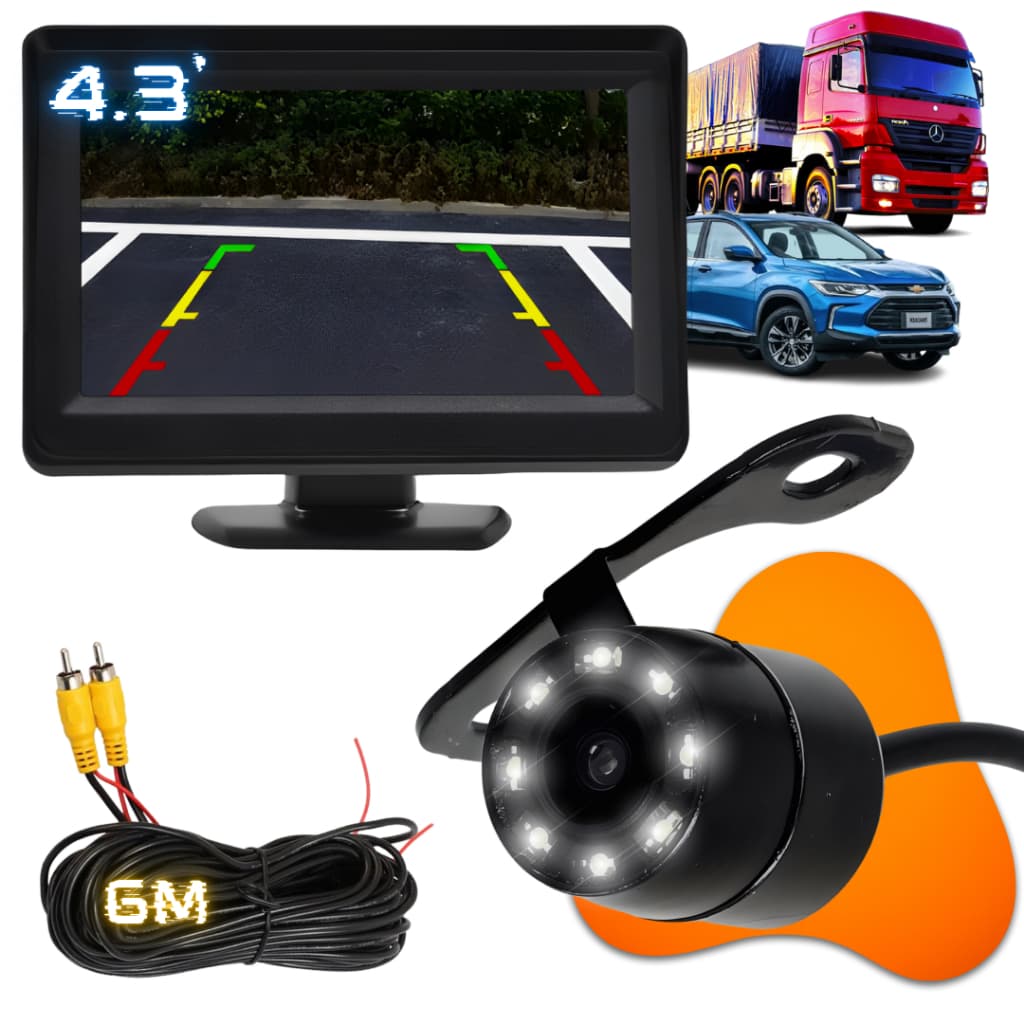 Kit câmera de ré tela monitor 4.3 polegadas colorida noturna com led
