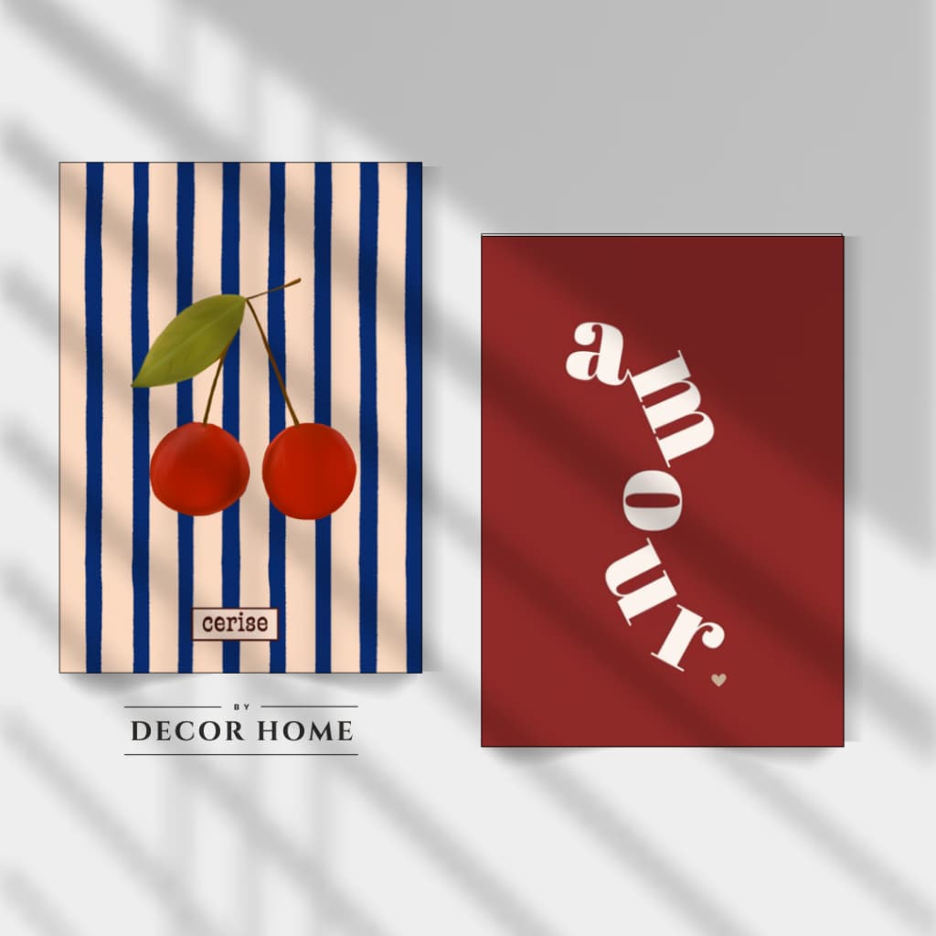 Kit 2 Quadros Decorativos Cereja listrada Amour Decoração feminina Quarto Cozinha Sala Placa decorativa
