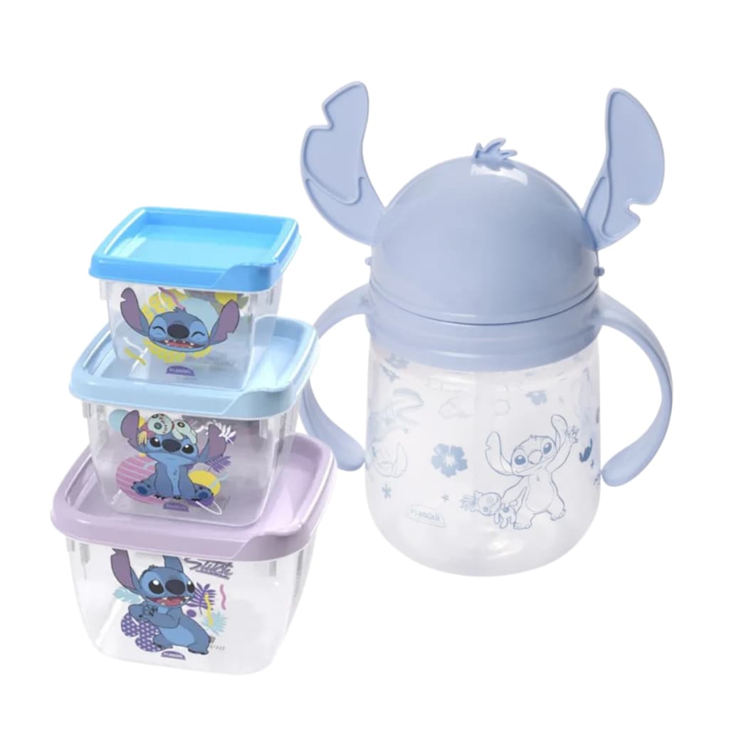 Conjunto 3 Potes Conect Stitch e Caneca Treinamento Bebê com Canudo Stitch Orelhinhas 350ml