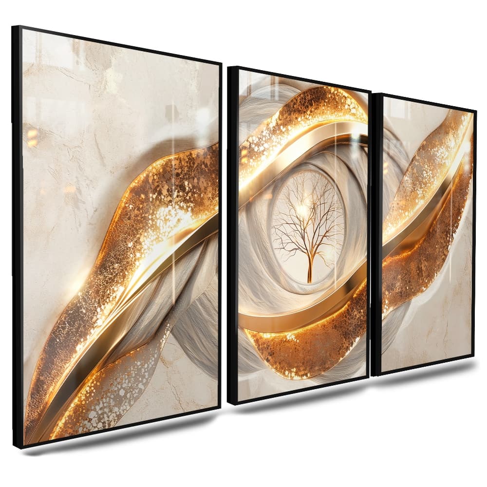 Kit Quadro Decorativo com 3 peças Harmonia Dourada Fluxos de Luz Árvore Seca Dourado