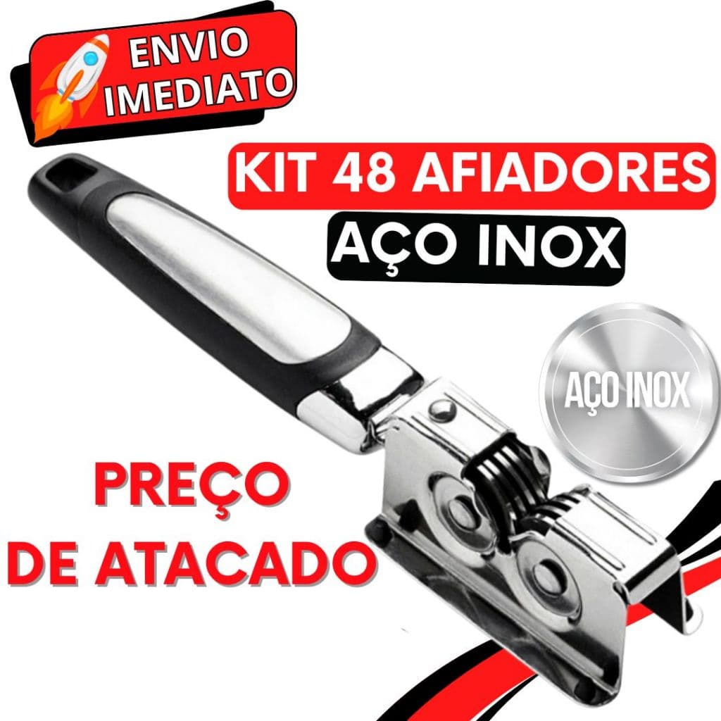 KIT 48 Afiador Amolador de Faca Profissional Aço Inox Super Resistente 3 Laminas para Casa Restaurante Açougue