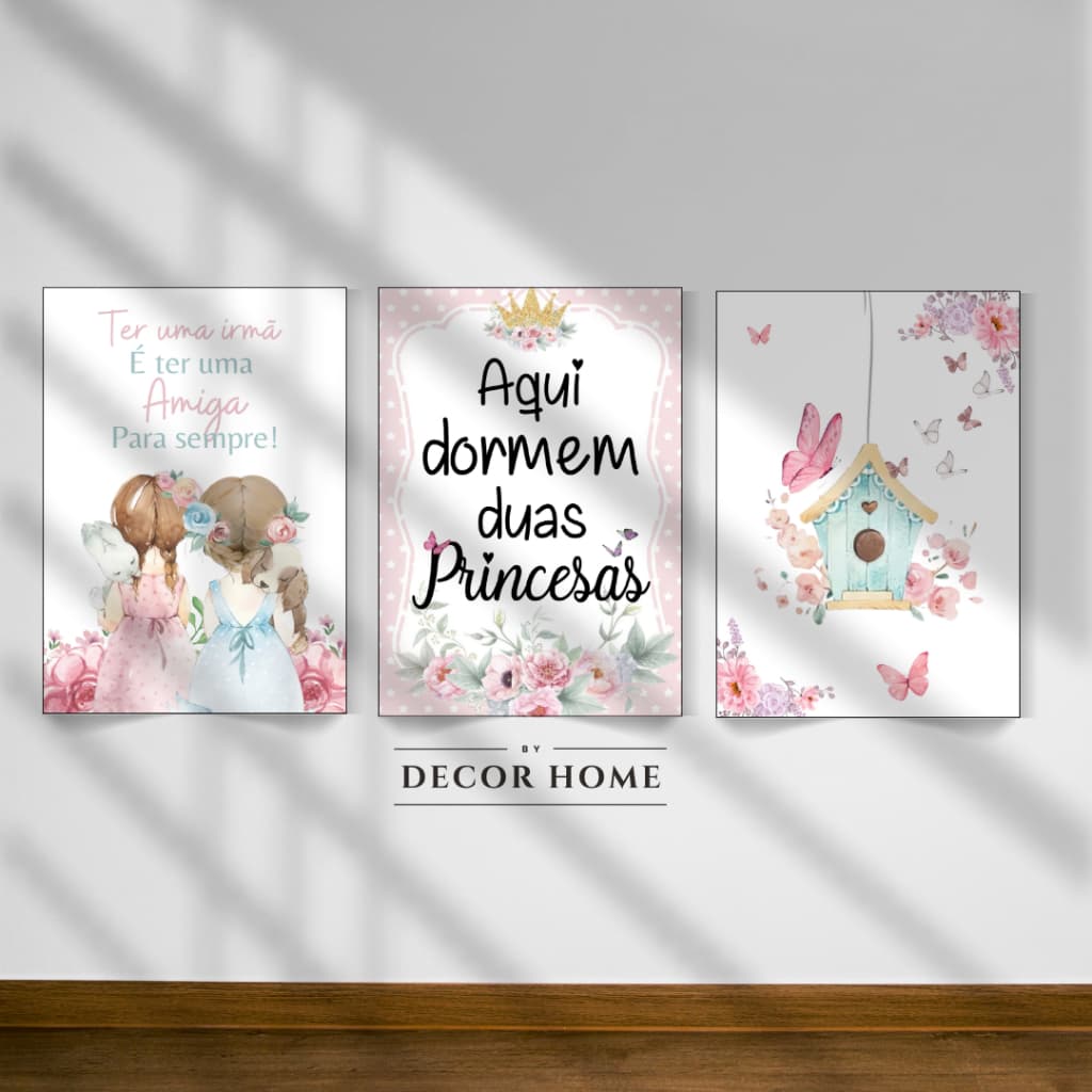 Kit 3 Quadros Decorativos Irmãs, Aqui dormem duas Princesas decoração Infantil de Meninas MDF