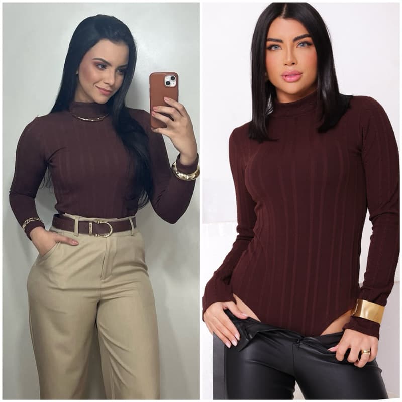 Body Femenina Manga Longa Cacharrel Gola Alta Segunda Pele Básica T-shirt Rivana Premium25