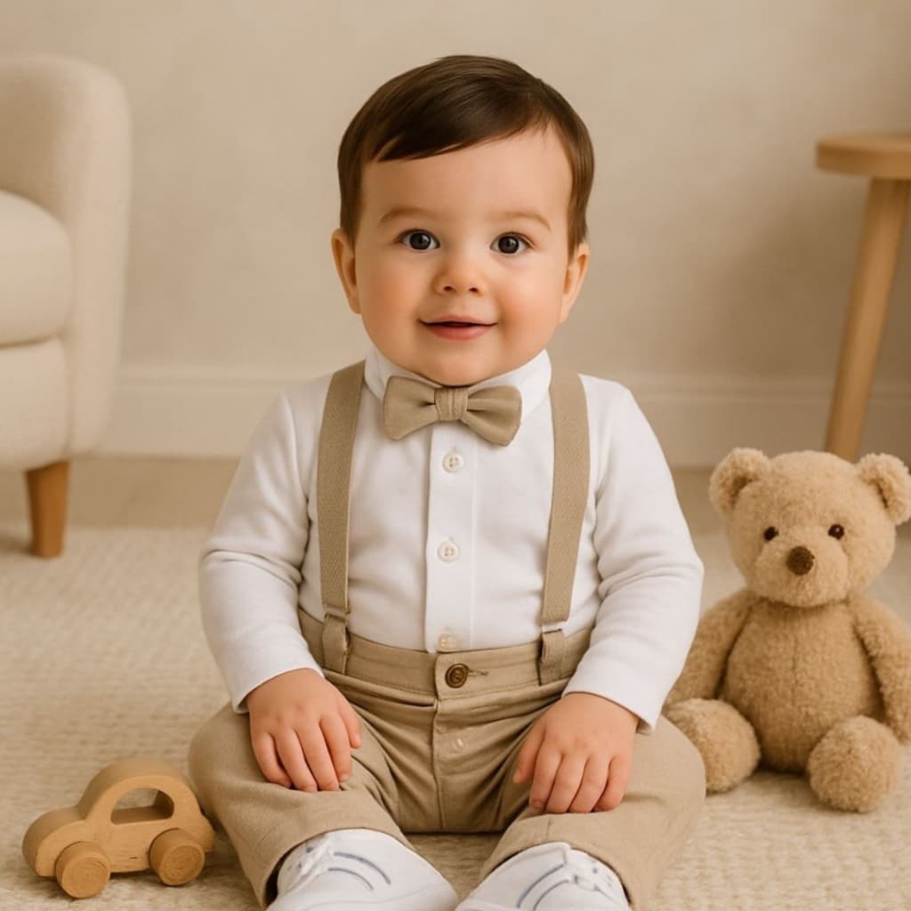 Kit Batizado Conjunto Social BebêCalça e Body Manga Longa Com Suspensorio e Gravata Casamento Festas