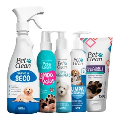 Kit Higiene Pet Clean: Limpa Patas + Lágrimas + Orelhas + Banho a Seco + Hidratante Patinhas